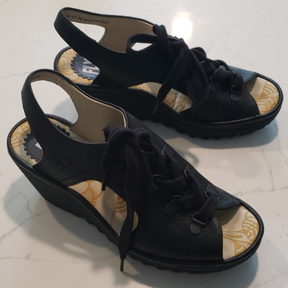 Fly London Shoes - FLY LONDON YLFA Lace Up black Sling Back Wedge